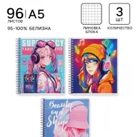 Тетради 3 шт. 96 листов в клетку на гребне &laquo;Аниме. Девочка в наушниках&raquo;
