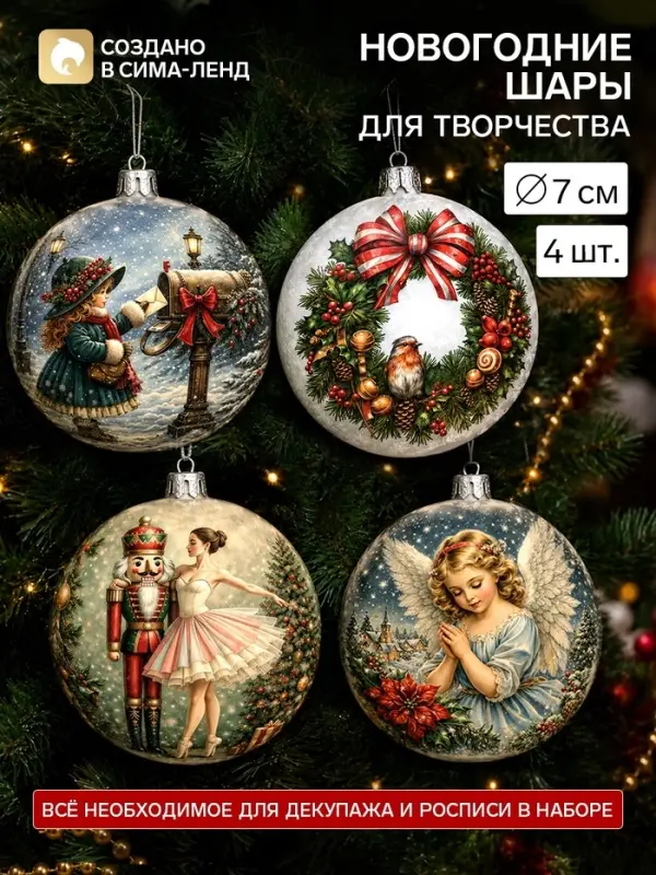 Ёлочные шары под роспись и декупаж &laquo;Ретро&raquo;, набор для творчества, 4 шт., 7 см