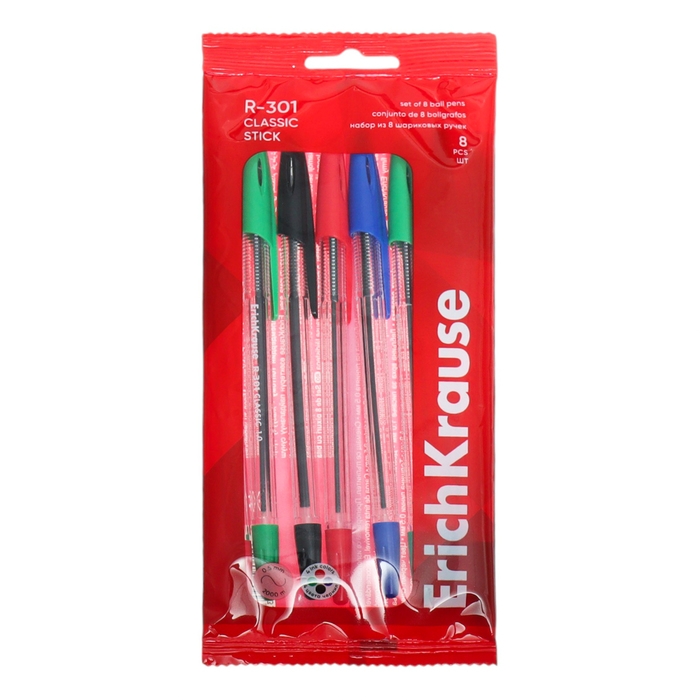 Набор ручек шариковых 8 шт, ErichKrause, R-301 Stick Classic узел 1.0 мм, микс Набор ручек шариковых 8 шт, ErichKrause, R-301 Stick Classic узел 1.0 мм, микс