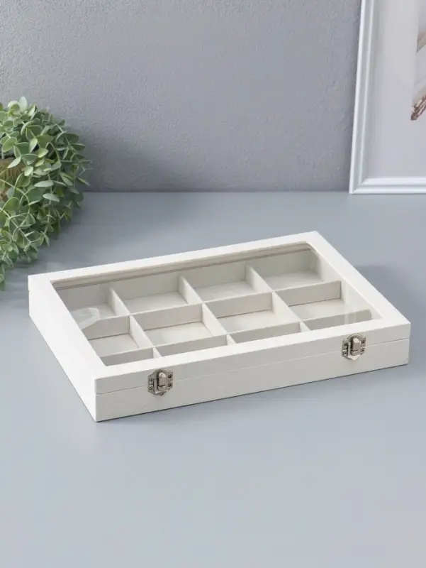 Шкатулка для украшений 12 ячеек, 35&times;24&times;4.5, стеклянная крышка, бежевая