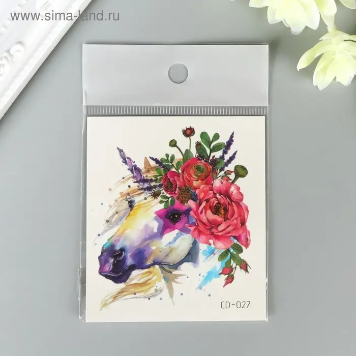 Переводная тату на тело цветная «Единорог с цветами», 8×7.5 см