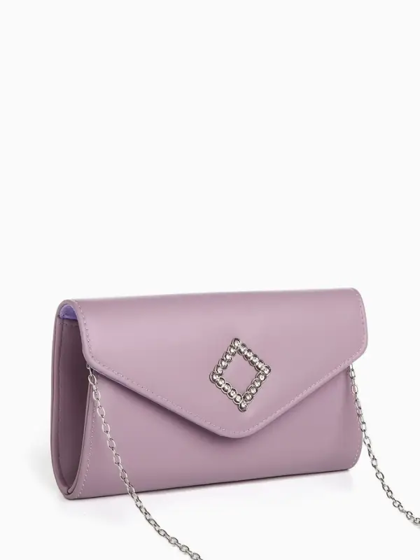 Сумка-клатч женская вечерняя на магните, на длинной цепочке, с декоративным элементом, однотонная, фиолетовая