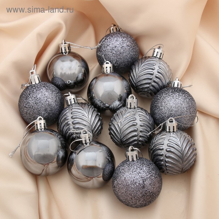 Набор шаров пластик d-5 см, 12 шт Набор шаров пластик d-5 см, 12 шт "Новогодние ветви" серый