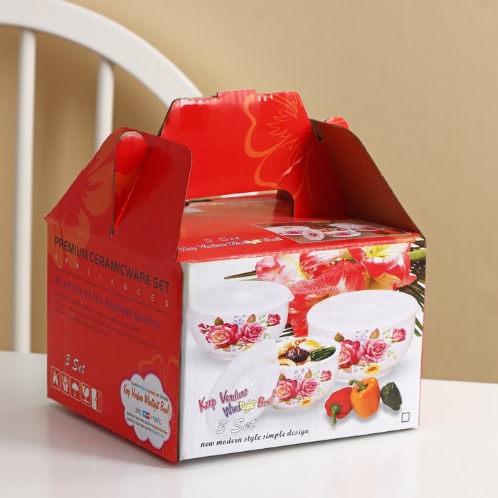 Набор салатников керамических с вакуумными крышками &laquo;Ирена&raquo;, 3 предмета: 300 мл, 600 мл, 900 мл