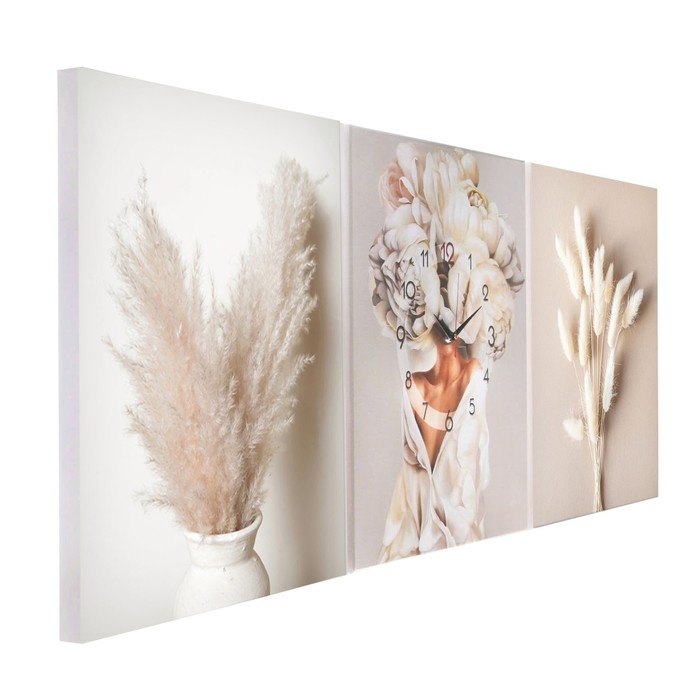 Часы-картина настенные модульные  Часы-картина настенные модульные "Сухоцветы", 30 х 40 см, бесшумные, триптих