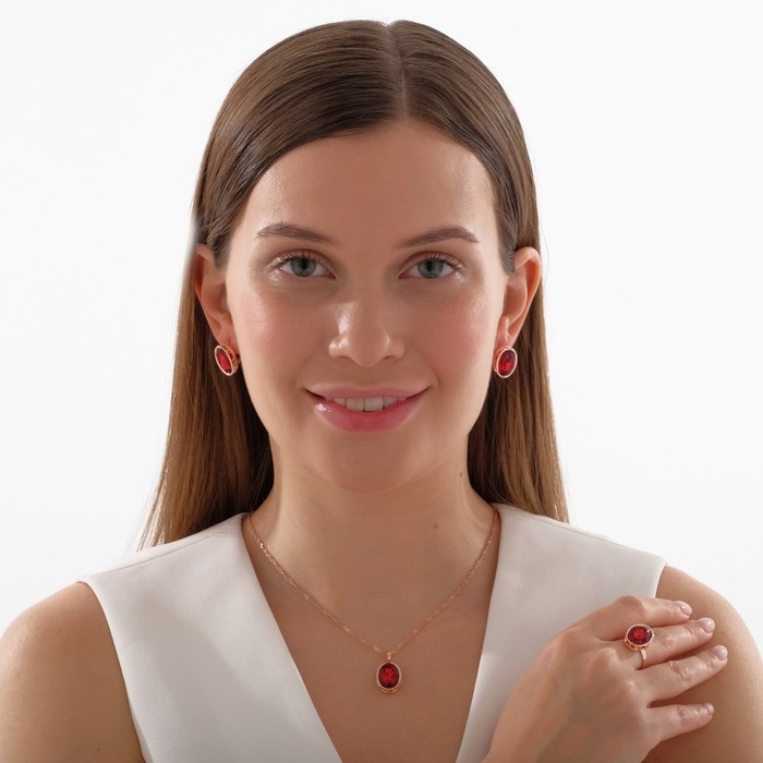 Гарнитур 3 предмета: серьги, кулон, кольцо безразмерное «Эдель» овал вытянутый, цвет красный в золоте, 45 см Гарнитур 3 предмета: серьги, кулон, кольцо безразмерное «Эдель» овал вытянутый, цвет красный в золоте, 45 см