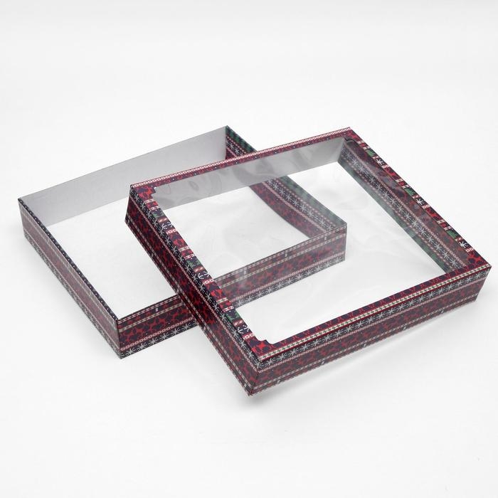 Новый год. Коробка сборная крышка-дно с окном, Новый год. Коробка сборная крышка-дно с окном, "Новогодний принт", 37 х 32 х 7 см.