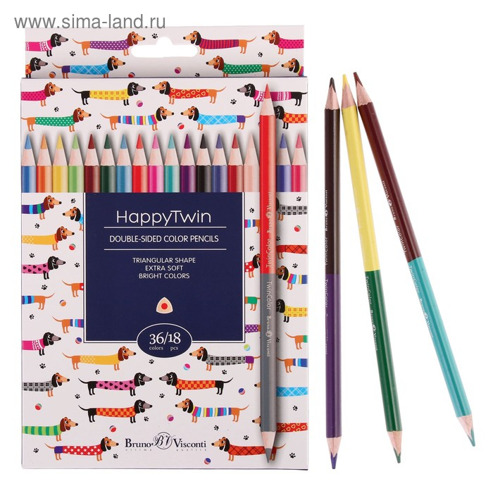 Карандаши цветные 36 цветов 18 штук Twincolor Happy, МИКС Карандаши цветные 36 цветов 18 штук Twincolor Happy, МИКС
