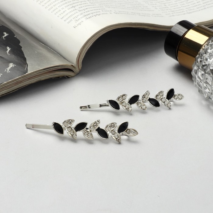 Невидимка для волос  Невидимка для волос "Аннабелль" (набор 2 шт) лепесток чёрный, 6,5 см, серебро