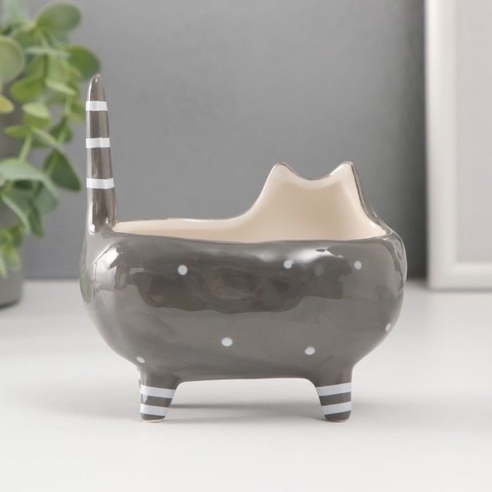 Сувенир керамика подставка Сувенир керамика подставка "Серый упитанный котик с цветами" 11,2х7,6х11,8 см