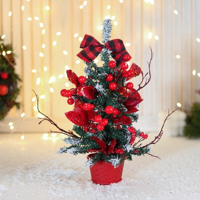 Ёлка декор Ёлка декор "Праздничная" бантик клетка листья блеск, 14х26 см, красный