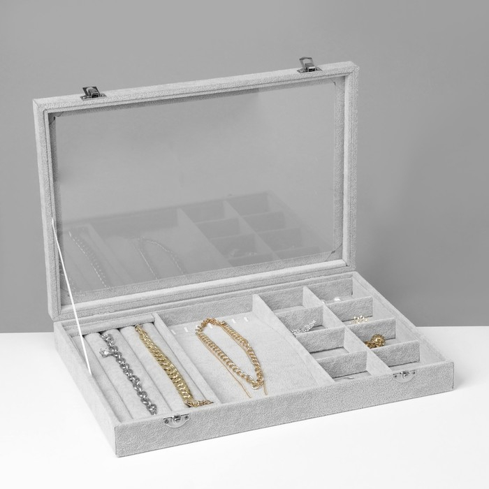 Подставка для украшений «Шкатулка» 4 полосы, 7 крючков, 8 ячеек, стеклянная крышка, цвет серый