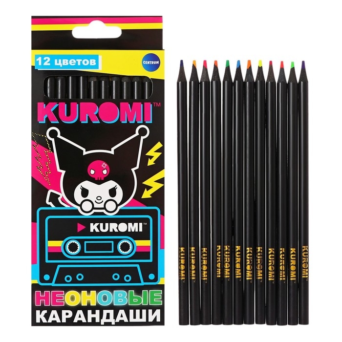 Карандаши цветные 12 цветов Kuromi, неоновые, корпус деревянный, круглый Карандаши цветные 12 цветов Kuromi, неоновые, корпус деревянный, круглый