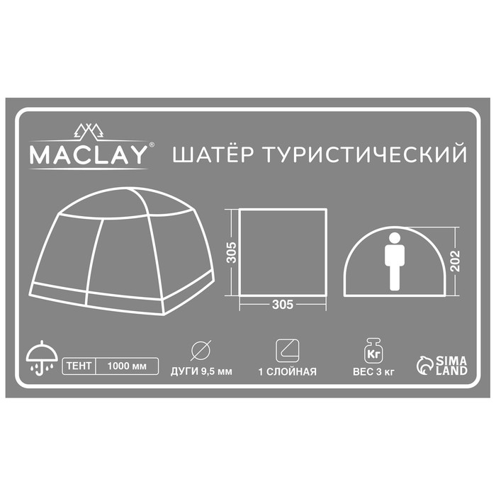 Шатёр туристический Maclay, однослойный, 305х305х202 см Шатёр туристический Maclay, однослойный, 305х305х202 см