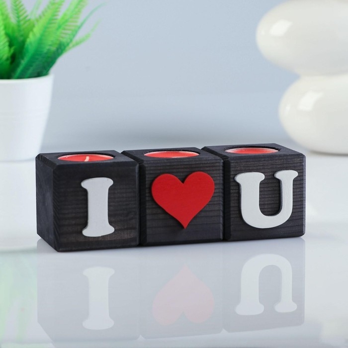 Подсвечник для интерьера  Подсвечник для интерьера "Люблю тебя", цвет: "Эбен", 3 штуки, 6х6х6 см, аромат клубники