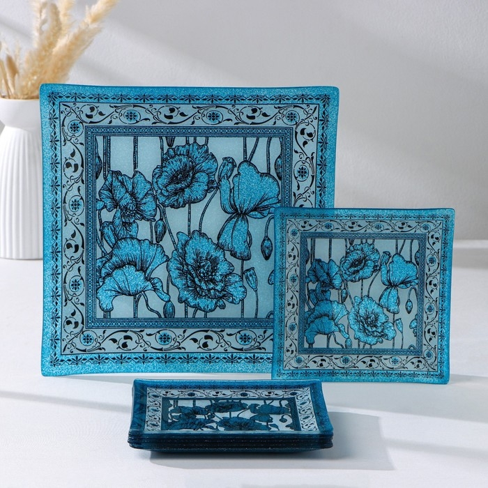 Набор столовый «Маки», 7 предметов: 30×30 см - 1 шт, 18×18 см - 6 шт, цвет голубой Набор столовый «Маки», 7 предметов: 30×30 см - 1 шт, 18×18 см - 6 шт, цвет голубой