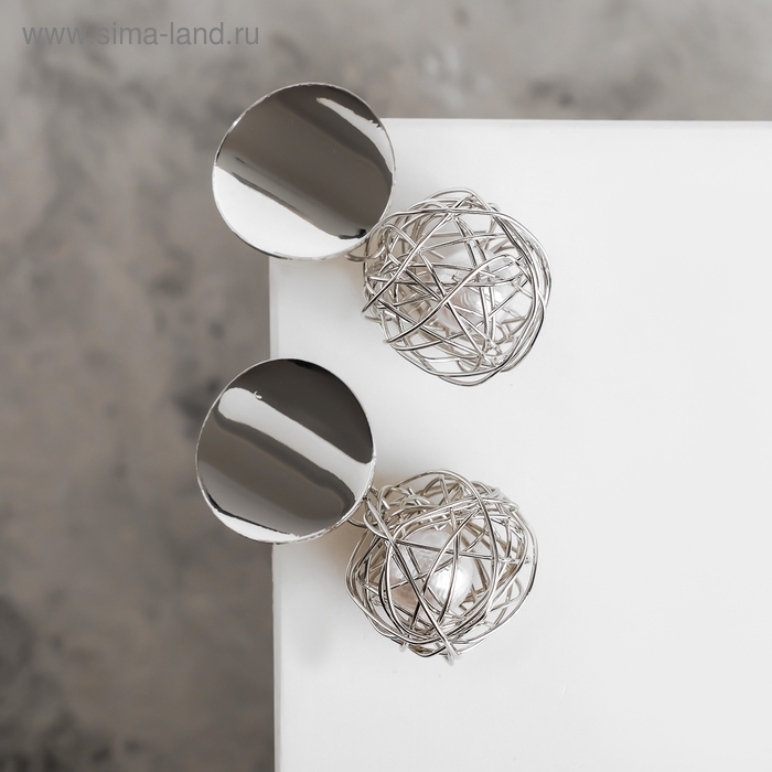 Серьги с жемчугом «Шар плетёный» гнездо, цвет белый в серебре Серьги с жемчугом «Шар плетёный» гнездо, цвет белый в серебре