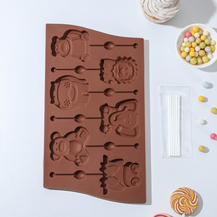 Форма для леденцов Доляна «Звери», силикон, 27,5×16,5 см, 6 ячеек (6,4×6,4), с палочками, цвет МИКС Форма для леденцов Доляна «Звери», силикон, 27,5×16,5 см, 6 ячеек (6,4×6,4), с палочками, цвет МИКС