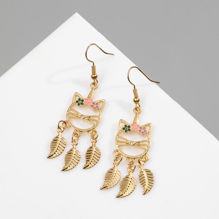 Серьги эмаль «Кошка» с листьями, цветные в золоте Серьги эмаль «Кошка» с листьями, цветные в золоте
