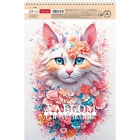 Альбом д/рис А4, 24л на гребне Spring cat, обл метал карт, бл 100 г/м2, МИКС