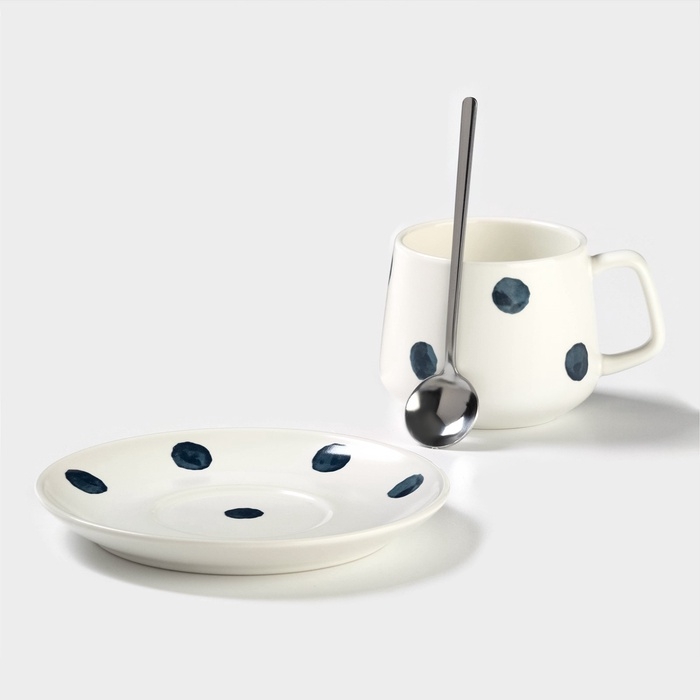 Чайная пара «Горошек», 220 мл, с ложкой, блюдце d=15, кружка 9,5×7,5×7 см, керамика, белая Чайная пара «Горошек», 220 мл, с ложкой, блюдце d=15, кружка 9,5×7,5×7 см, керамика, белая