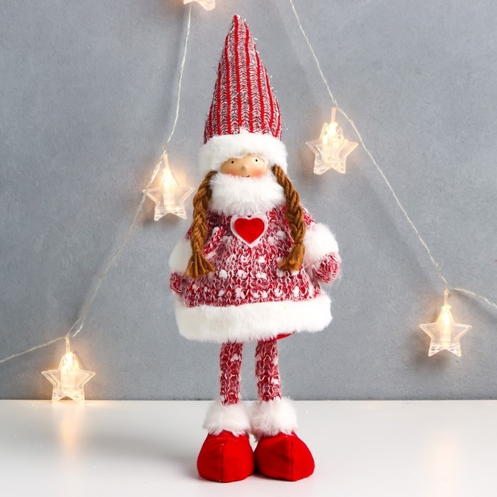 Кукла интерьерная Кукла интерьерная "Малышка Тося в красном вязаном платье с сердечком" 45х18х11 см