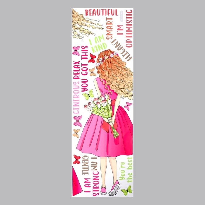 Наклейка пластик интерьерная цветная "Девушка с тюльпанами" 30х90 см