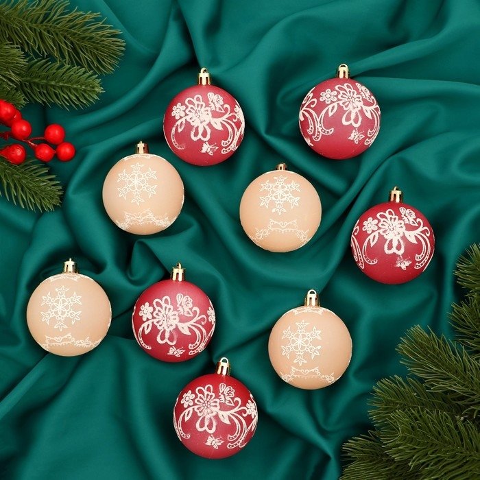 Набор шаров пластик d-5,5 см, 9 шт Набор шаров пластик d-5,5 см, 9 шт "Ажур" красный бежевый