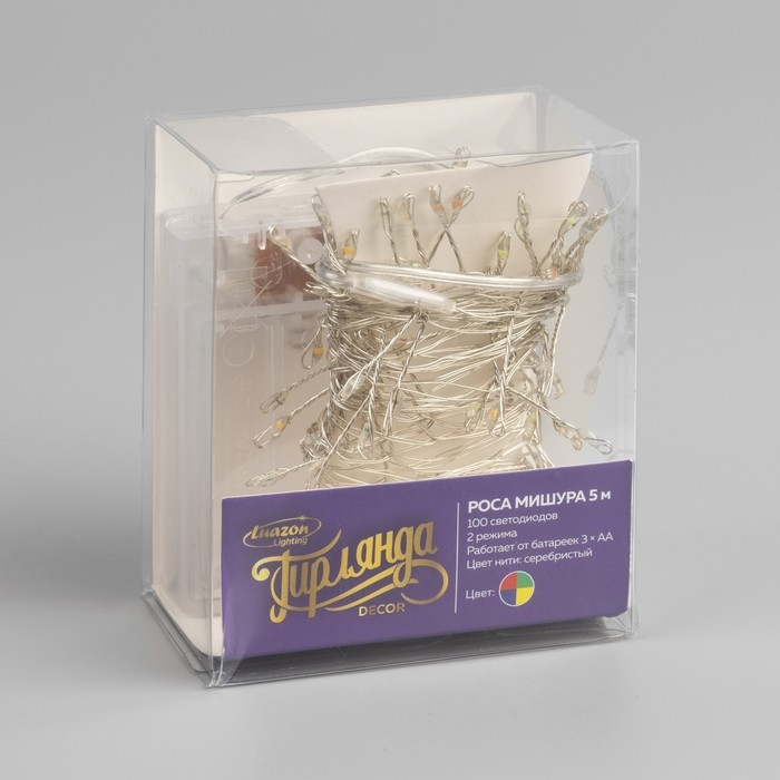 Гирлянда «Мишура» 5 м роса, IP20, серебристая нить, 100 LED, 2 режима, батарейки AAх3 (нет в комплекте), свечение мульти Гирлянда «Мишура» 5 м роса, IP20, серебристая нить, 100 LED, 2 режима, батарейки AAх3 (нет в комплекте), свечение мульти