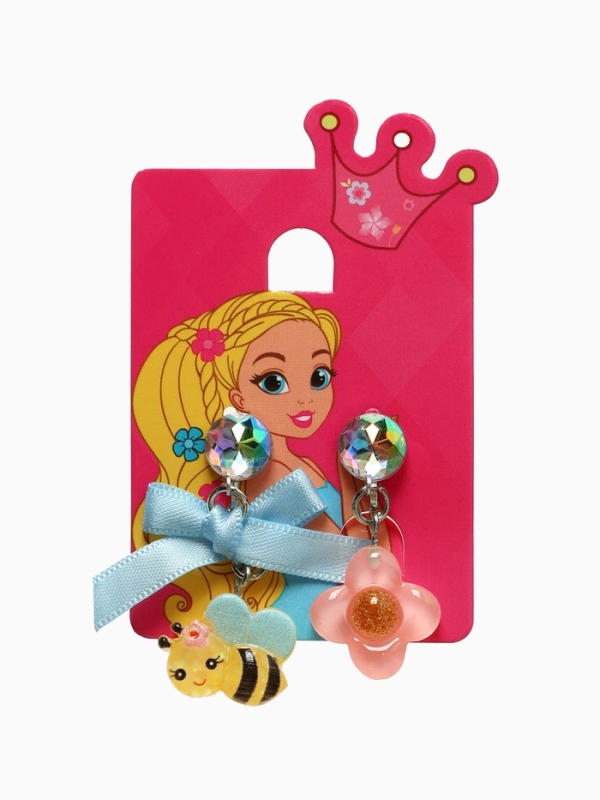 Серьги-клипсы детские  Серьги-клипсы детские "Выбражулька" пчела с бантом, цветок с кругом кристалл, цветные