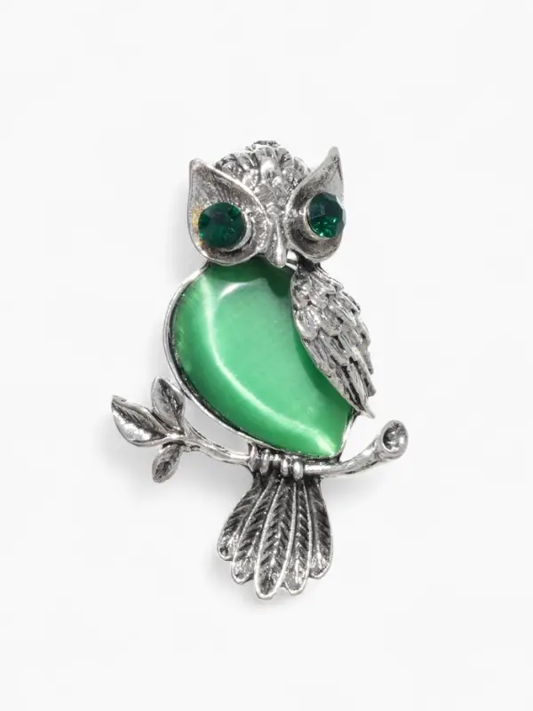 Брошь &laquo;Сова&raquo;, зелёная в чернёном серебре