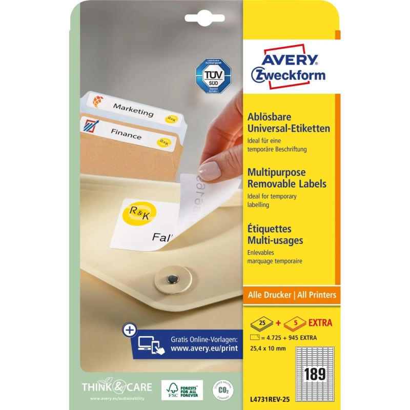 Этикетки самоклеящиеся L4731REV-25Удаляемые,25.4х10мм,IJ+L+K+CL,4725шт/уп