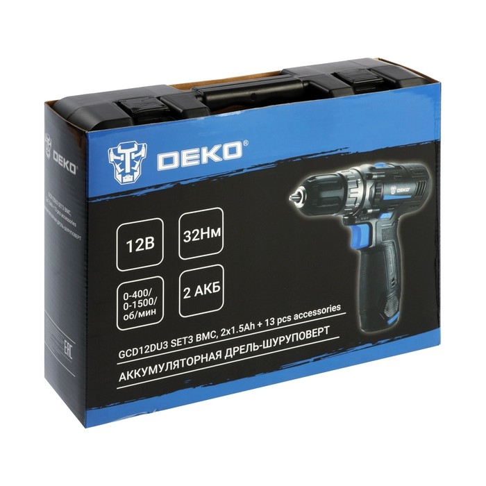 Дрель-шуруповерт DEKO GCD12DU3 SET3, 12 В, 2х1.5 Ач,  Li-lon, 32 Нм + оснастка 13 пр.