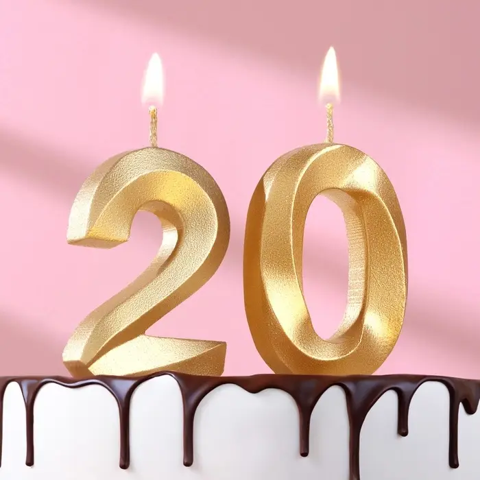 Свеча в торт юбилейная &laquo;Грань&raquo; (набор 2 в 1), цифра 20, золотой металлик, 6.5 см
