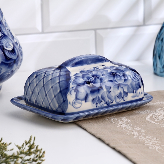 Маслёнка Маслёнка "Цветы", прямоугольная, 8 х 17 см, гжель