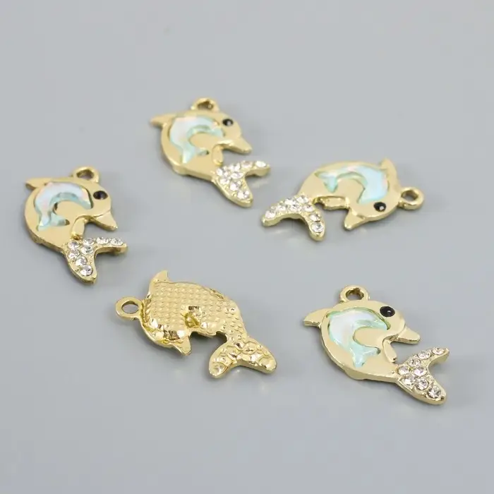 Декор для творчества металл, стразы "Двойной дельфин" голубой 2,2х2,1 см