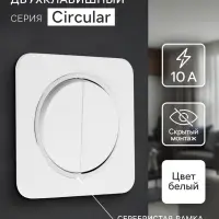 Выключатель, серия Circular, 10 А, двухклавишный, скрытый монтаж, серебристая рамка, белый