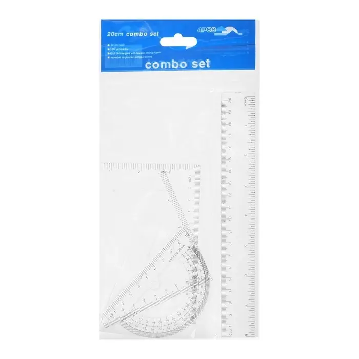 Набор чертёжный, прозрачный, 4 предмета (линейка 20 см, угольник 14 см/ 30°, угольник 10 см/ 45°, транспортир) Набор чертёжный, прозрачный, 4 предмета (линейка 20 см, угольник 14 см/ 30°, угольник 10 см/ 45°, транспортир)