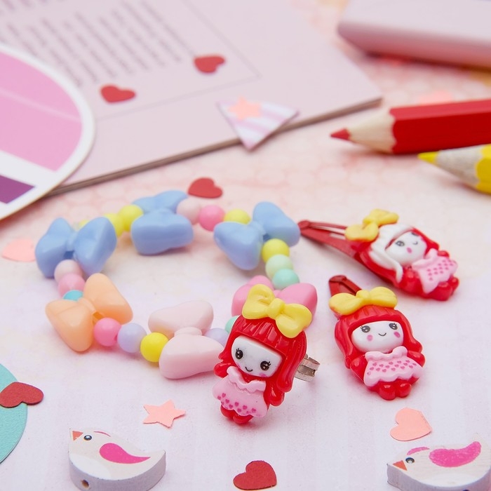 Набор детский «Выбражулька» 4 предмета: 2 заколки, браслет, кольцо «Бантики», цвет МИКС, форма МИКС Набор детский «Выбражулька» 4 предмета: 2 заколки, браслет, кольцо «Бантики», цвет МИКС, форма МИКС