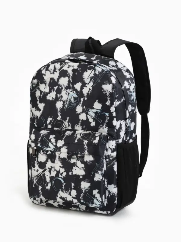 Рюкзак школьный на молнии, с карманами, с принтом, размер 30&times;13&times;42 см, чёрный/белый