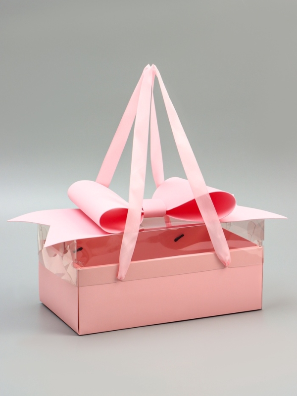 Коробка подарочная с бантом, ручками и прозрачной крышкой 35 х 21 х 15 см Розовая