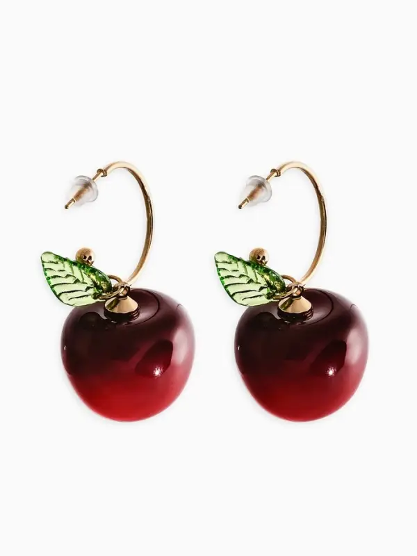 Серьги-кольца &laquo;Черешня с листочком&raquo;, бордовые в золоте