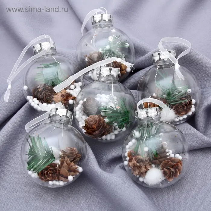 Ёлочные игрушки &laquo;Льдинка - шишки&raquo;, шары новогодние, d=6 см, набор 6 шт., прозрачный