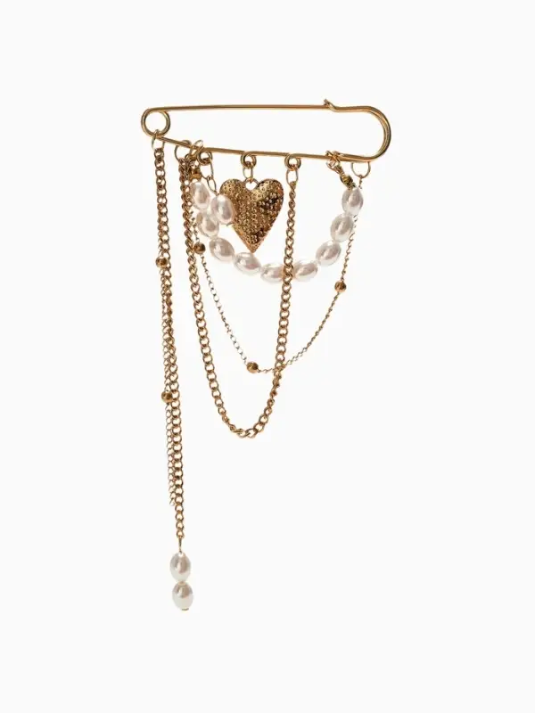 Булавка с подвесами &laquo;Сердце&raquo;, перламутр, белая в золоте, L=6.5 см