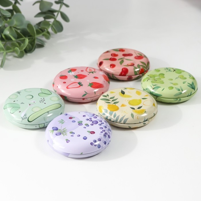 Шкатулка металл круглая Шкатулка металл круглая "Фрукты и овощи" фасовка 12 шт 1,8х7х7 см