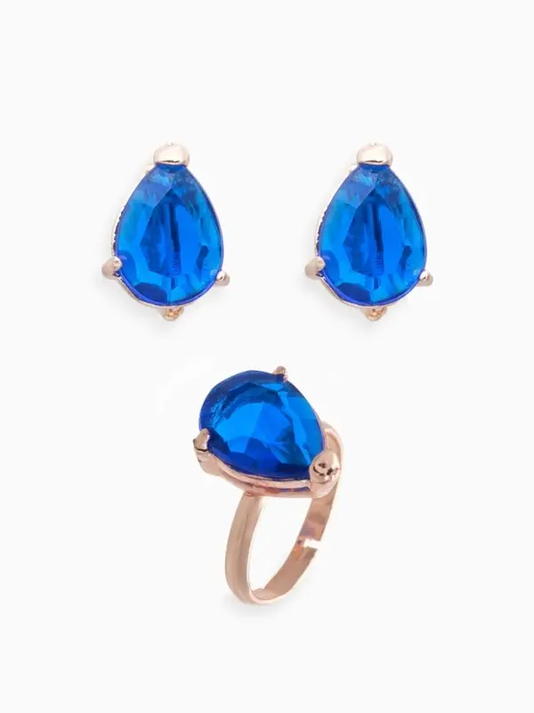 Гарнитур 3 предмета: серьги, кулон, кольцо безразмерное &laquo;Эдель&raquo;, капля, синие в золоте, 45 см