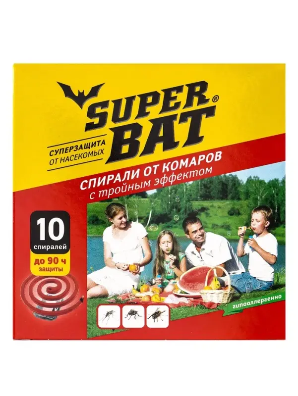 Спирали от комаров SuperBat, тройной эффект, 10 шт.