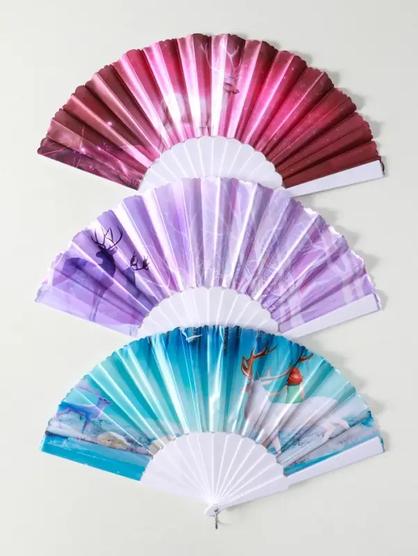 Веер пластик, текстиль Веер пластик, текстиль "Олени" МИКС широкие лопасти 23 см