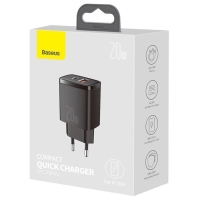 Зарядное устройство Baseus Compact Quick Charger USB+Type-C, 3A, 20W, черный