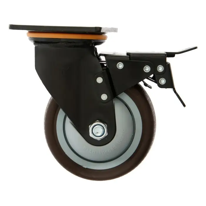 Колесо для транспортной тележек поворотное ТУНДРА, d=125 мм, на площадке, со стопором, покрытие TPR 9917